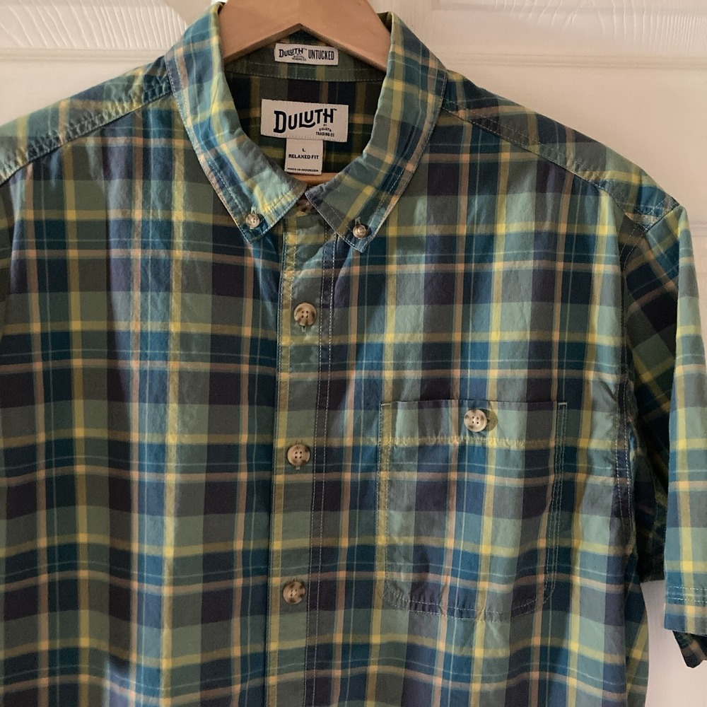 Duluth Untucked Men's L Relaxed Fit SS Button Down Plaid Cotton Shirt Green Teal - Picture 4 of 14